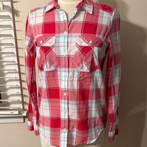 Express Pink, Red, Teal and White Plaid Button Down w/ Pockets Size Small color